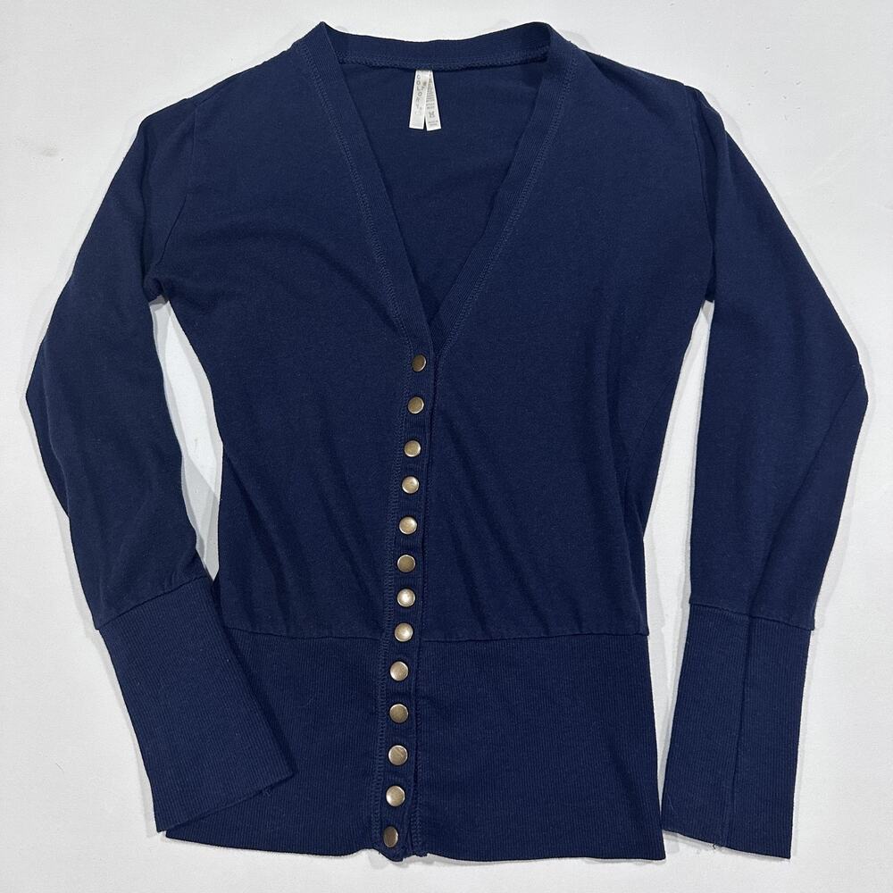 COLOR STORY Top Snap Button Up M Blue V Neck Long Sleeve Button Front Ribbed Hem